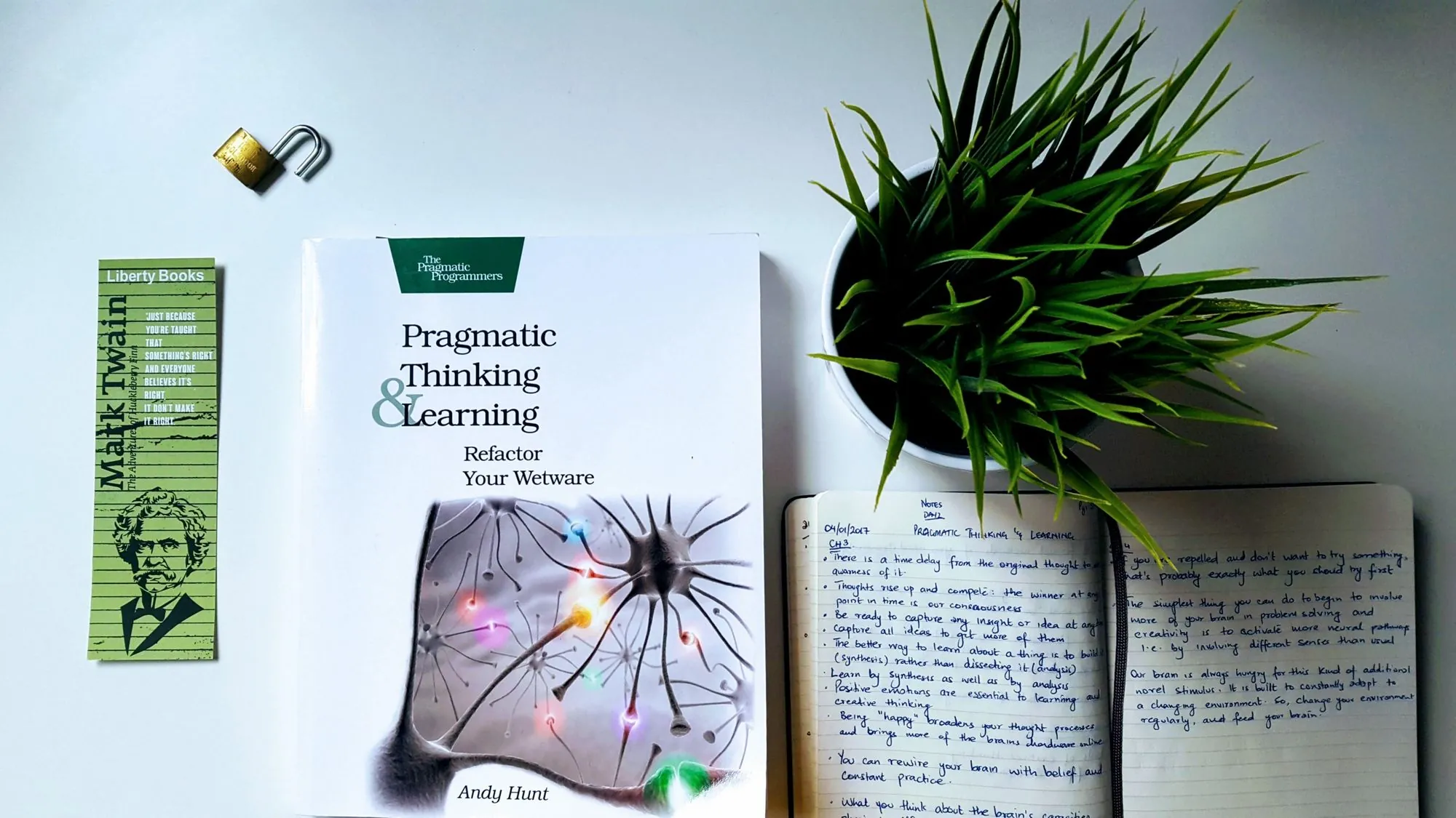 Pragmatic Thinking and Learning by Andy Hunt beside a notebook and a plant